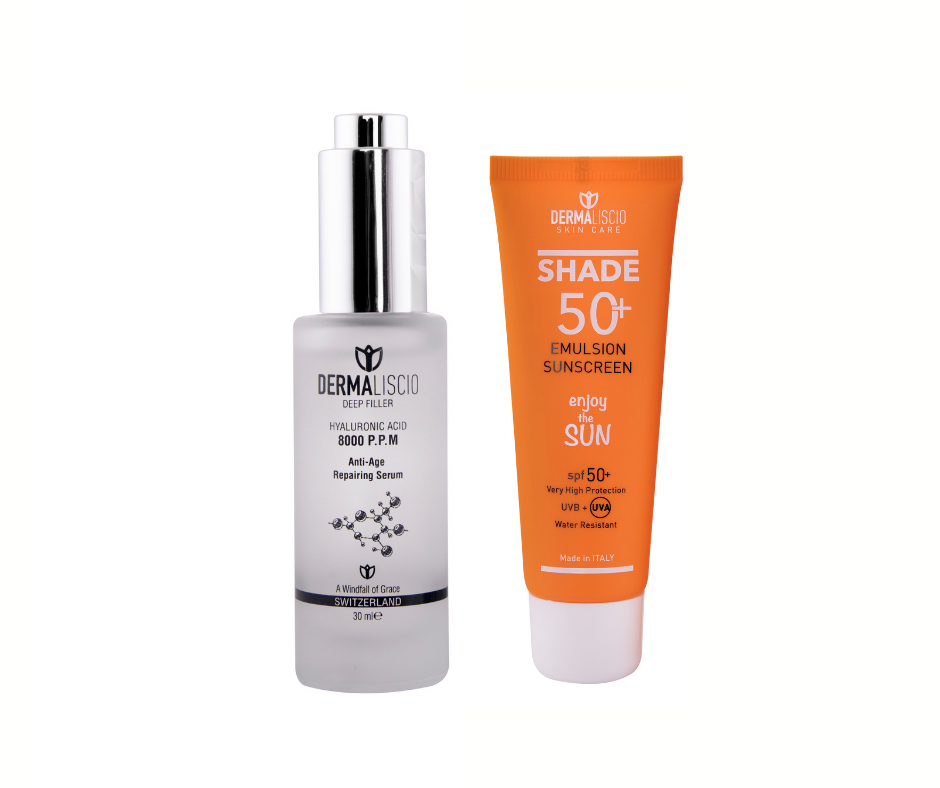 Dermaliscio hialuronskābe 8000 un aizsargkrēms pret sauli ar SPF 50+ komplekts