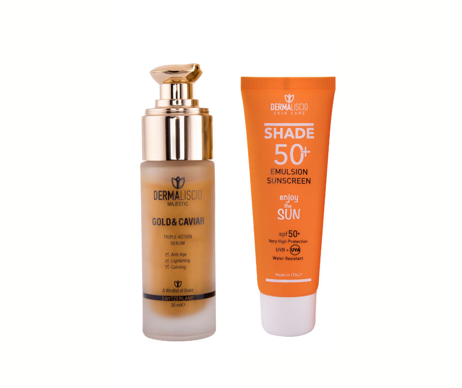 Dermaliscio Shade 50+ Saules aizsargkrēms un Gold ir Caviar Triple Action Serum komplekts