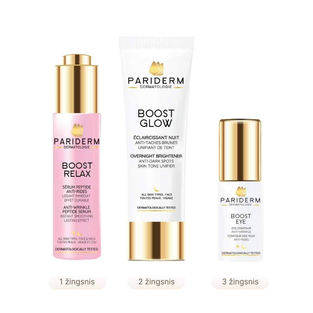 Pariderm atjaunojošs, pretgrumbu komplekts nakts lietošanai - Boost Relax + Boost Glow + Boost Eye